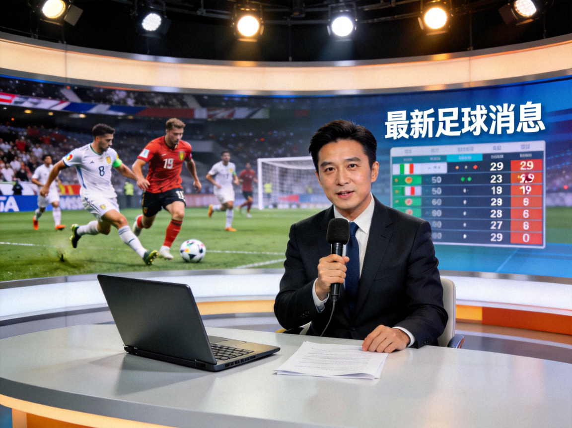 体育新闻演播室，主持人报道最新足球消息